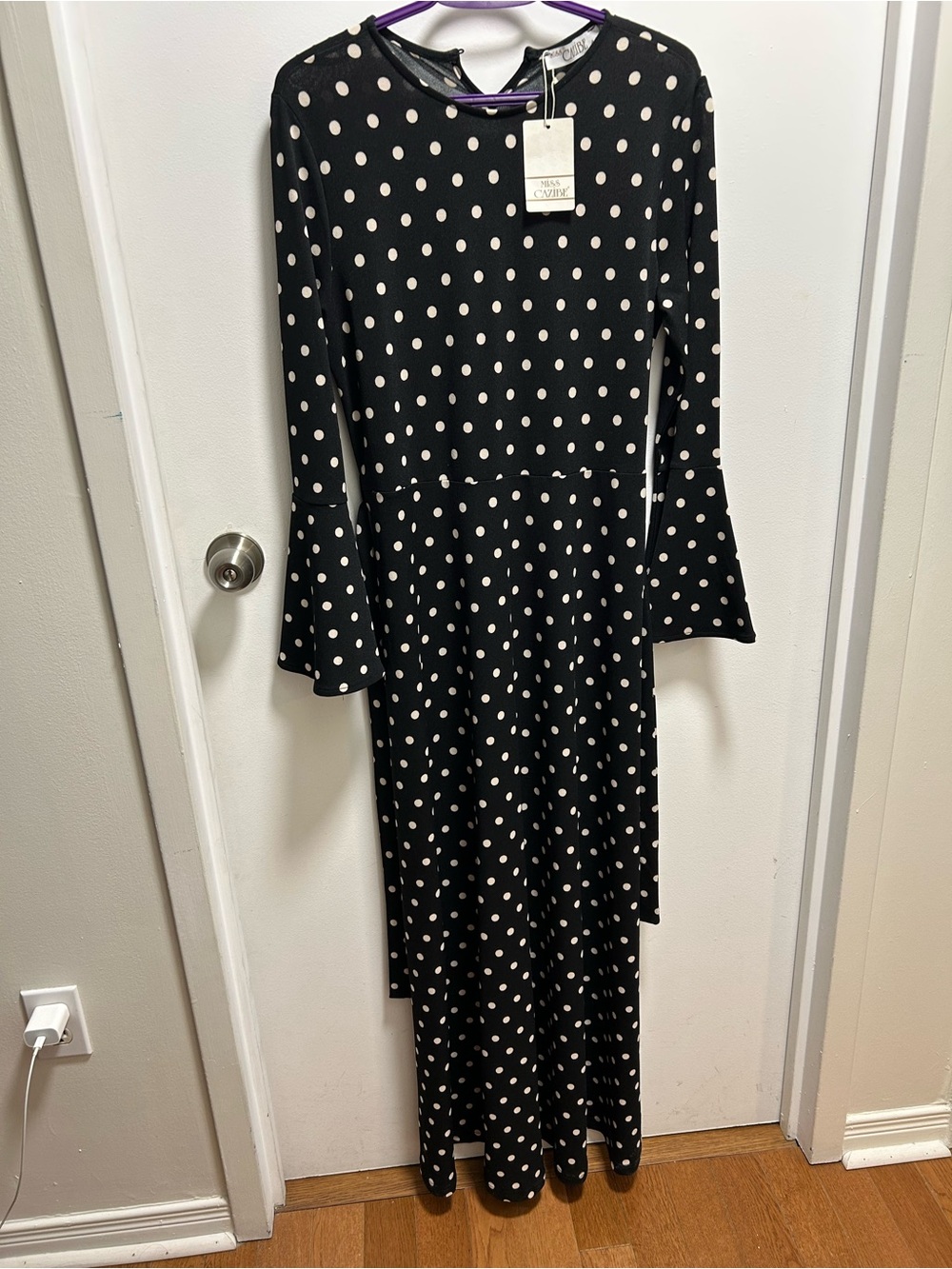 Black Polka Dot Maxi Dress with Bell Sleeves